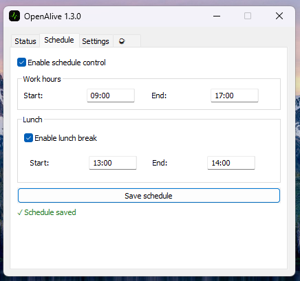 OpenAlive Schedule tab — work hours and lunch break configuration